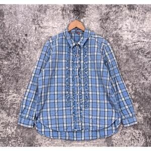 Anthropologie Top Large Womens Pilcro Blue Plaid Ruffle Button Shirt